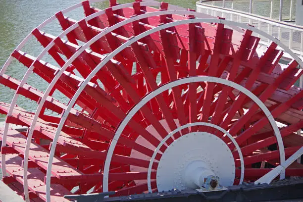 Close sectional view of the paddlewheel of a river steamboat