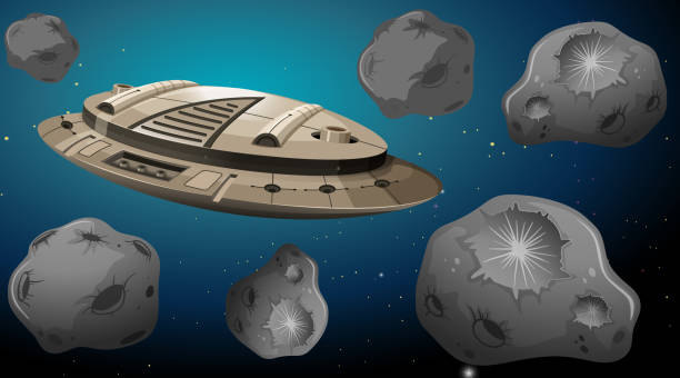 ilustrações de stock, clip art, desenhos animados e ícones de space ship in asteroids scene - cinturão de asteroides