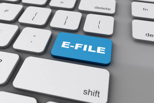 Close up of 3D keyboard with the word efile / e-file on the enter or return key.