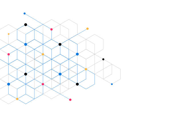 ilustraciones, imágenes clip art, dibujos animados e iconos de stock de cajas geométricas abstractas patrón fondo de conexión de línea de puntos. tecnología moderna con malla cuadrada. geométrico sobre fondo blanco con líneas. celda de cubo. ilustración vectorial - hexahedron