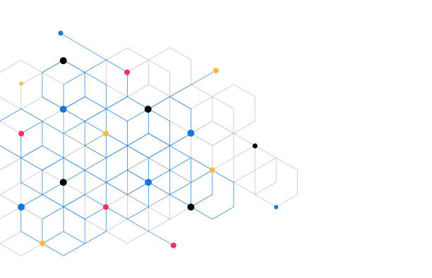 illustrazioni stock, clip art, cartoni animati e icone di tendenza di sfondo di connessione con linea punto a caselle geometriche astratte. tecnologia moderna con rete quadrata. geometrico su sfondo bianco con linee. cella cubo. illustrazione vettoriale - hexahedron