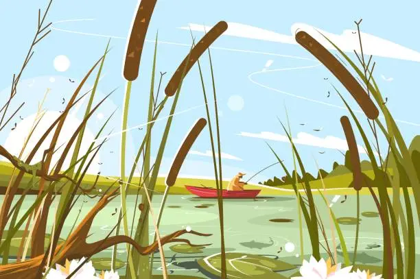 Vector illustration of Fisherman fishing in pond