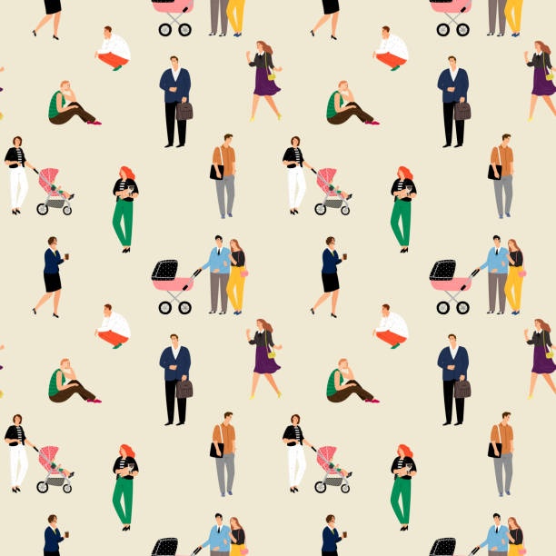 Man woman walk with baby stroll. People pose sit and stand. Vector young family with stroller, leisure walking seamless pattern illustration