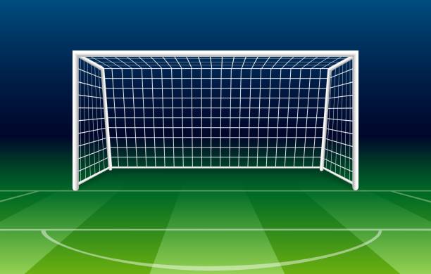 Netting soccer gate Netting goalposts soccer goal. Vector football goal on gridiron field grass, soccer gate illustration goal post stock illustrations