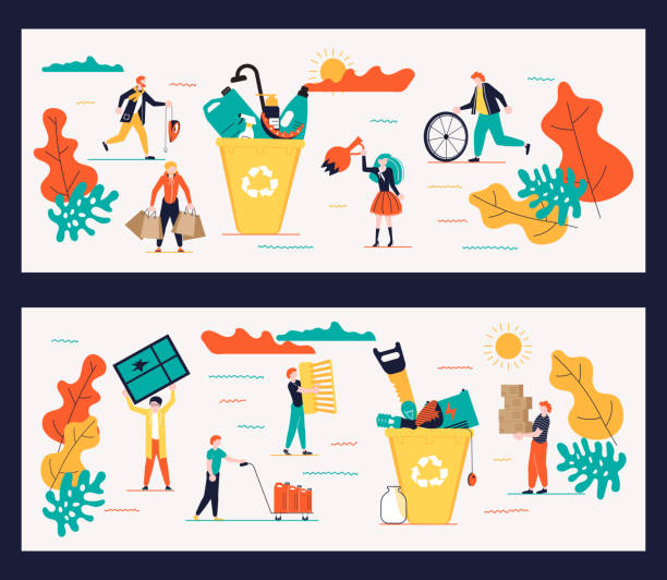 Template for garbage recycling Set of Horizontal banners template for garbage recycling. Zero waste concept poster. People sorting waste rubbish and containers images. Flat Art Vector illustration 8564 stock illustrations
