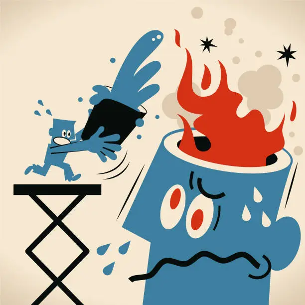 Vector illustration of Blue man pouring bucket of water to put out fire from angry man