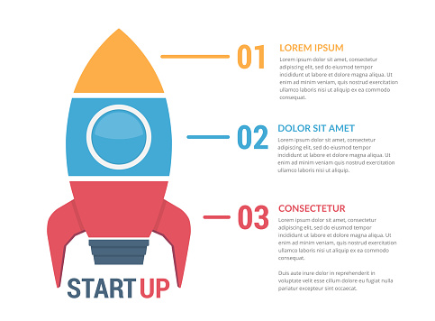 StartUp infographics with rocket divided on three elements with numbers and text, vector eps10 illustration