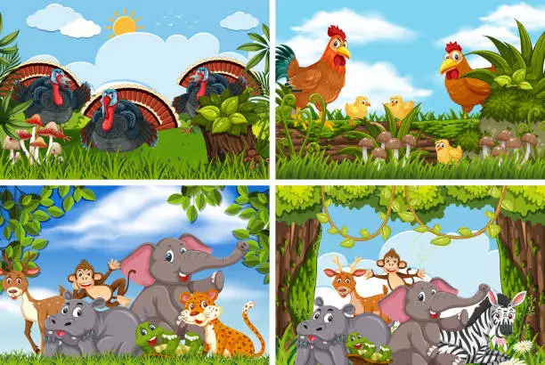 Vector illustration of Set of various animals in nature scenes