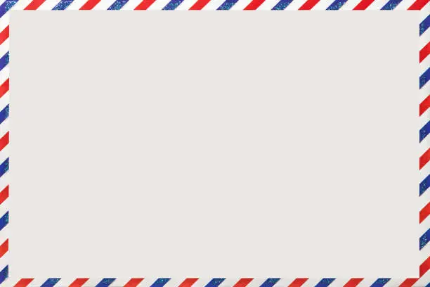 Old post striped envelope, background with copy space. White mail letter with stripped vintage pattern. Empty blank.