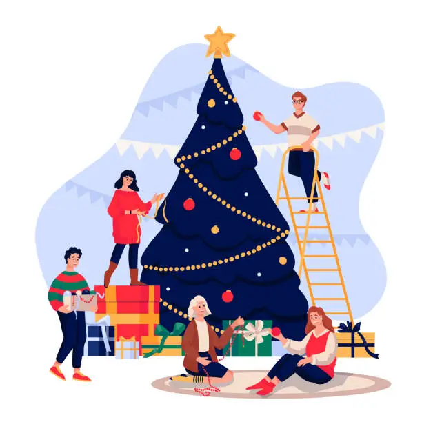 Vector illustration of Happy young people decorating Christmas Tree. Family celebrating New Year Eve. Vector flat cartoon illustration
