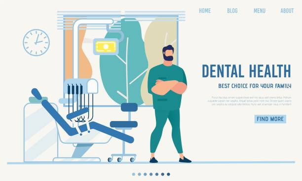 ilustraciones, imágenes clip art, dibujos animados e iconos de stock de página de aterrizaje presentando gabinete dental moderno - equipped