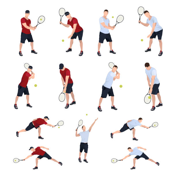 illustrazioni stock, clip art, cartoni animati e icone di tendenza di tennista con set palla e racchetta, illustrazione piatta vettoriale isolata - tennis court tennis racket forehand