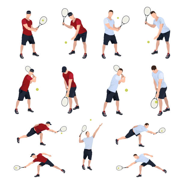tenisista z piłką i zestawem rakiet, wektorowa płaska izolowana ilustracja - squash tennis stock illustrations