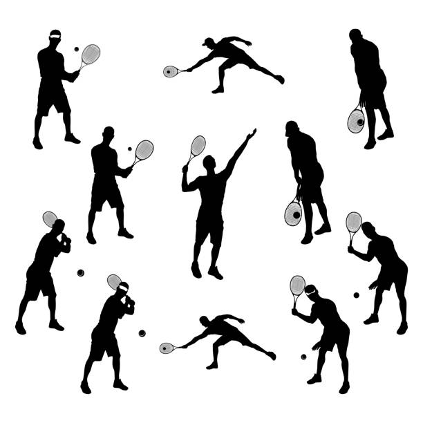 ilustrações, clipart, desenhos animados e ícones de silhueta preta do jogador de ténis ajustada no fundo branco, ilustração do vetor - squash tennis