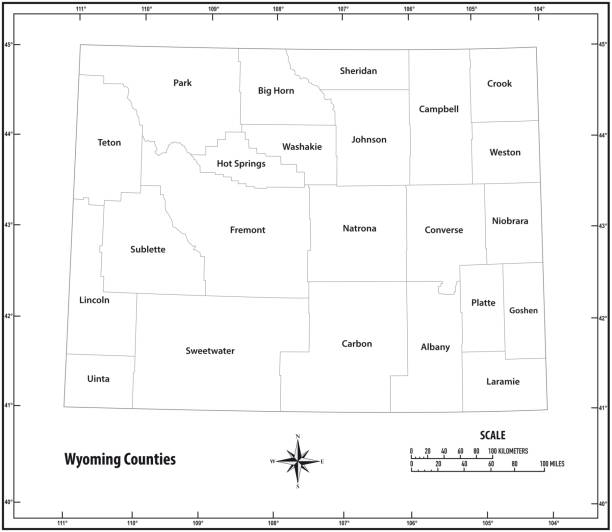 와이오밍 주, 흑백으로 행정 및 정치지도 개요 - wyoming map county counties stock illustrations