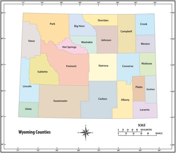 ilustrações de stock, clip art, desenhos animados e ícones de wyoming state outline administrative and political map in color - wyoming map county counties