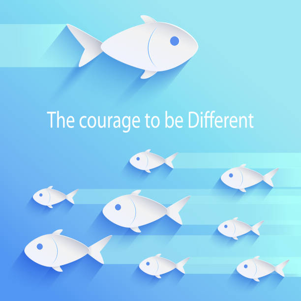 The Courage to Be Different Vector Illustration The courage to be different, motivational picture of flock of fish in same direction and big one swimming in opposite way vector illustration upstream stock illustrations