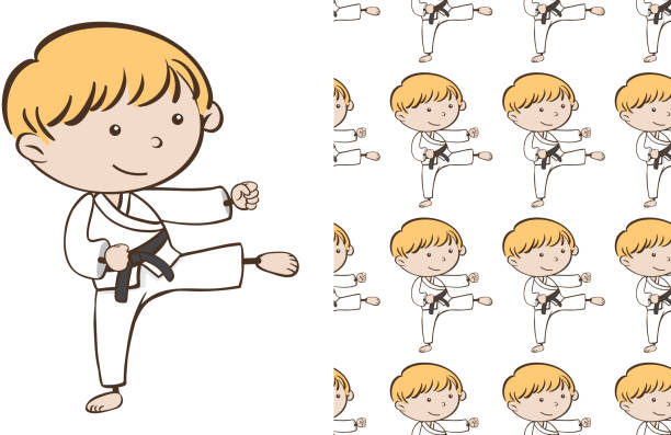 ilustrações, clipart, desenhos animados e ícones de um teste padrão sem emenda no branco de caráteres simples do miúdo - martial arts child judo computer graphic