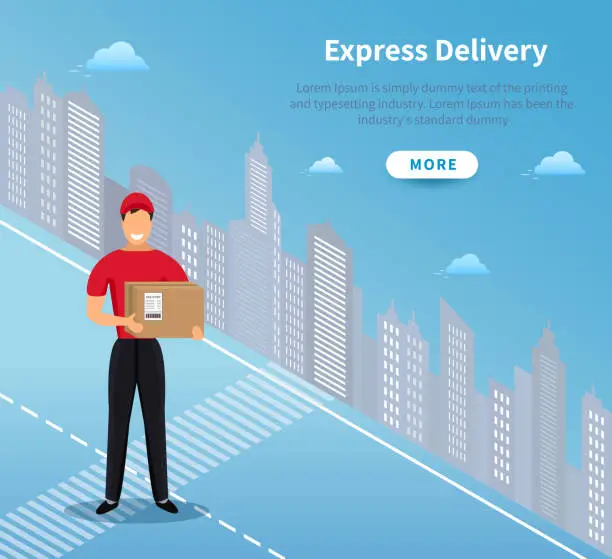 Vector illustration of Express home delivery banner, courier man in red uniform holding parcel and standing in front city background. Flat vector illustration design
