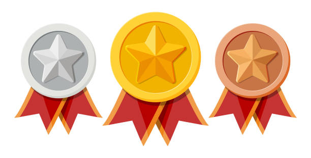 Set of medals with red ribbons and star shapes. Set of medals with red ribbons and star shapes. Gold, silver, bronze champion. Winners medallion. First, second, third place, achievement, award, prize, leader badge or bonus. Flat style illustration Third Place stock illustrations