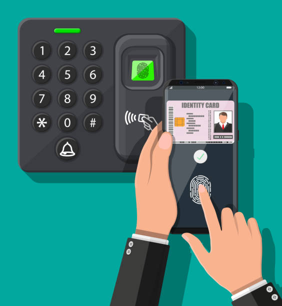 illustrazioni stock, clip art, cartoni animati e icone di tendenza di dispositivo di sicurezza per password e impronte digitali con mano - biometrics accessibility control fingerprint