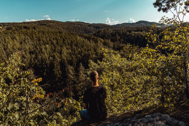 istock Young man sitting and looking to nice summer valley, Czech republic 1168887461