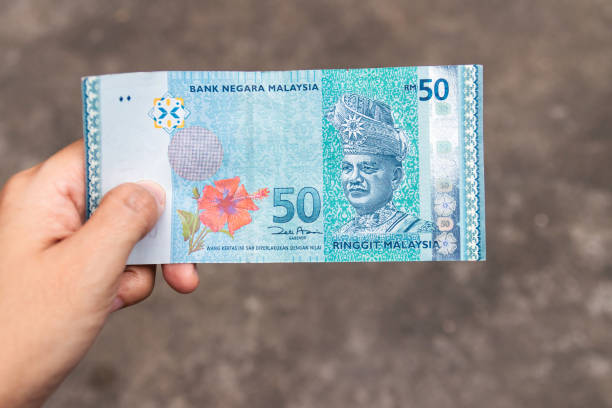 cinquanta banconote ringgit malaysia a portata di mano isolate su sfondo grigio. - malaysian ringgit foto e immagini stock