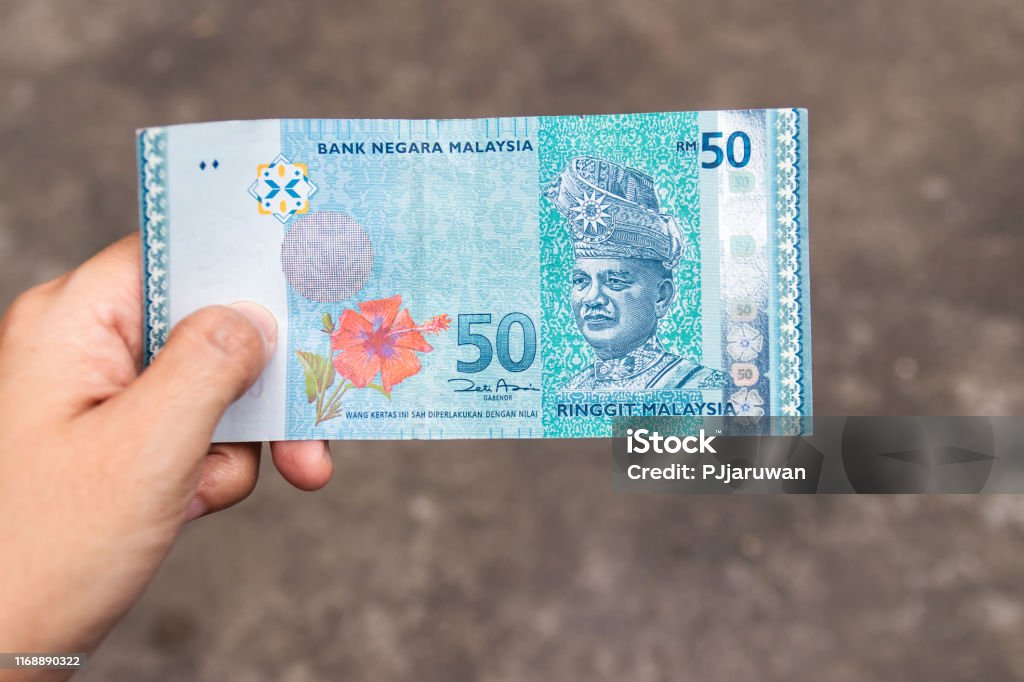 Ringgit Note 5000 Fifty Ringgit Malaysia Bank Note On Hand Isolated On Grey Background ...