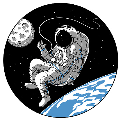 Astronaut or cosmonaut in open space vector illustration. Sketch retro design of astronaut in space suit on earth or moon planet orbit showing hello hand gesture in porthole window of spaceship rocket