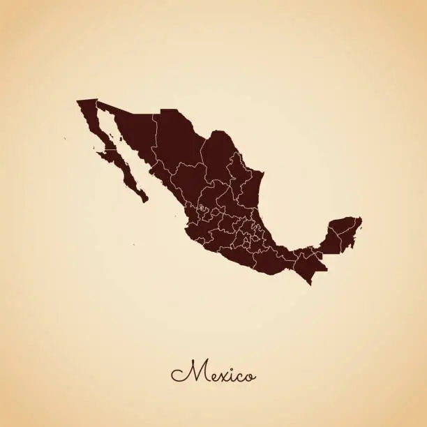 Vector illustration of Mexico region map: retro style brown outline on old paper background.