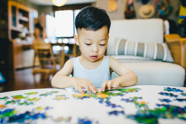 Father, Son, Domestic Room, Home Interior, Living Room, Playing, Puzzle, Shanghai