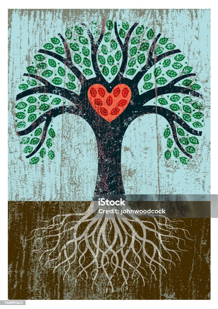 Peeling paint tree illustration A little heart shaped tree with roots and a grungy texture applied and red heart Tree stock vector