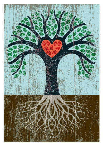 Peeling paint tree illustration A little heart shaped tree with roots and a grungy texture applied and red heart origins stock illustrations