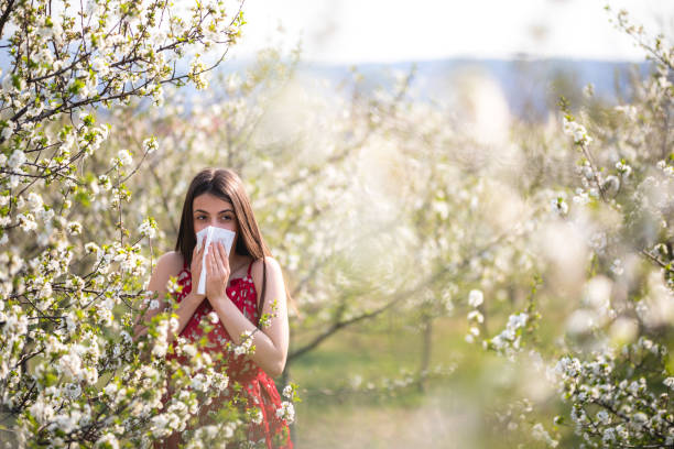 istock Blowing nose in blossoming garden 1168893888