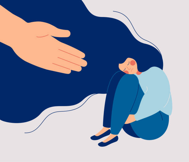 Human hand helps a sad lonely woman to get rid of depression Human hand helps a sad lonely woman to get rid of depression. A young unhappy girl sits and hugs her knees. The concept of support and care for people under stress. Vector illustration in flat style mental health illustrations stock illustrations