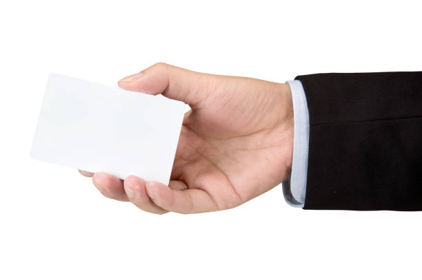 Hand hold blank white loyalty card mockup with rounded corners isolated on white