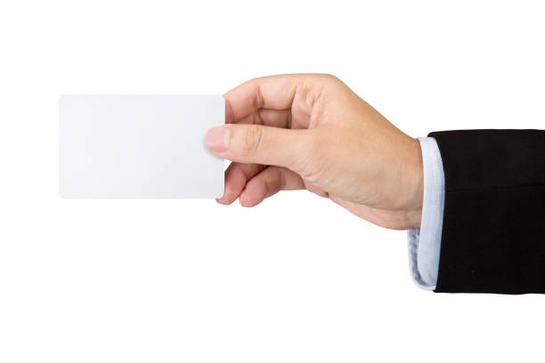 Hand hold blank white loyalty card mockup with rounded corners isolated on white