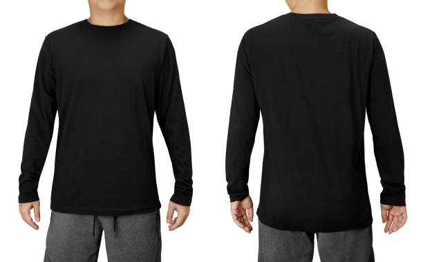 黒の長袖シャツデザインテンプレートは、クリッピングパスで白に隔離 - long sleeved ストックフォトと画像