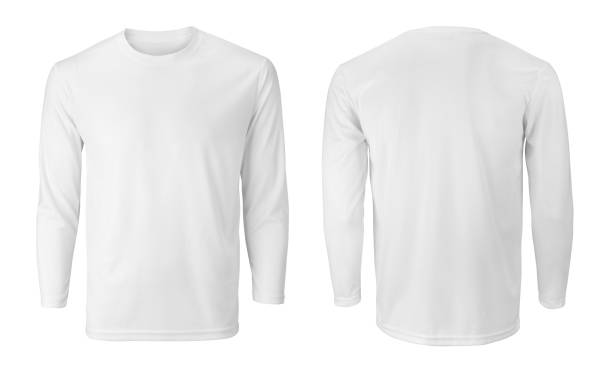 t-shirt bianca a maniche lunghe da uomo con vista frontale e posteriore isolata su bianco - maniche lunghe foto e immagini stock