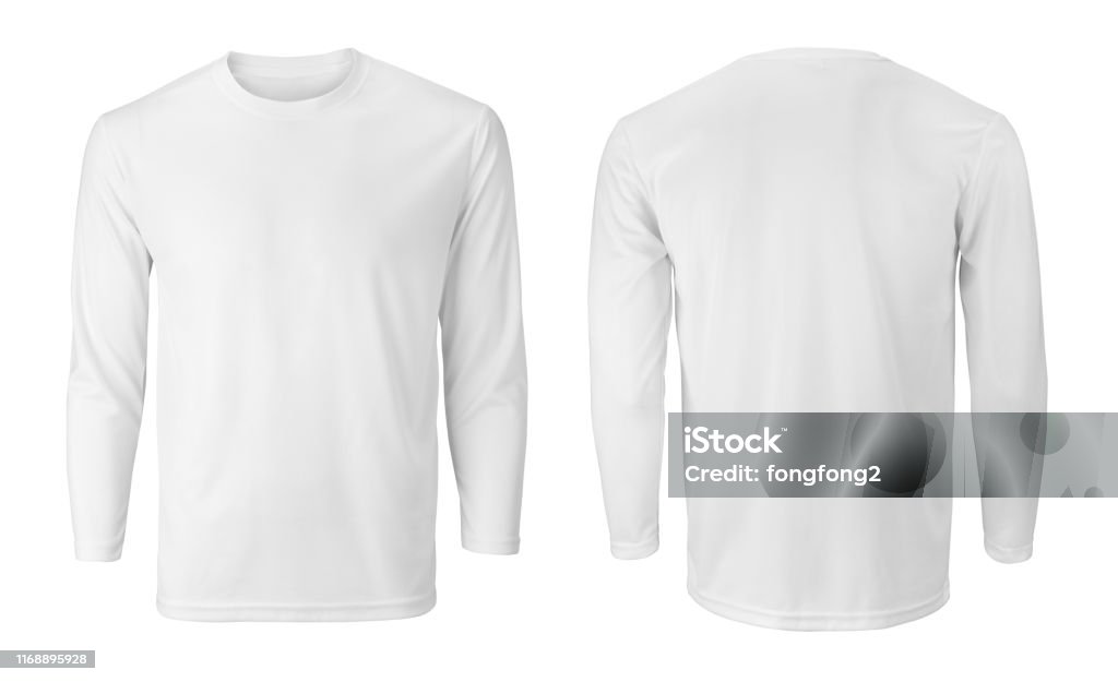 Men's long sleeve white t-shirt with front and back views isolated on white Long Sleeved Stock Photo