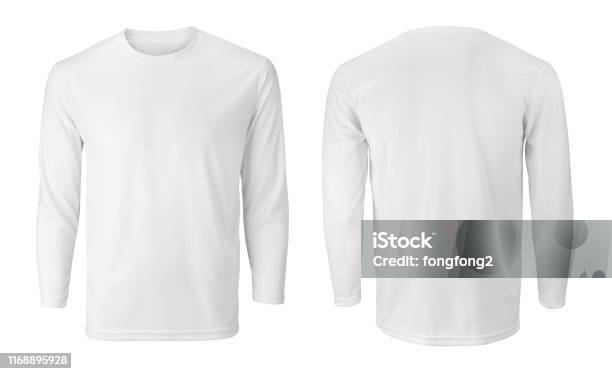 Mens Long Sleeve White Tshirt With Front And Back Views Isolated On White Stock Photo - Download Image Now