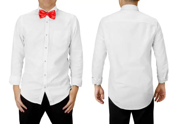 Man wear a red bowtie with white long sleeve shirt, front and back view isolated on white