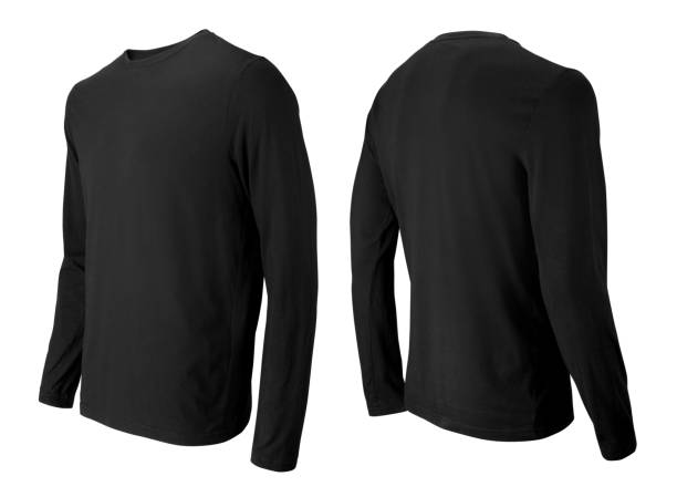 t-shirt nera a maniche lunghe vista frontale e posteriore isolata su bianco - maniche lunghe foto e immagini stock