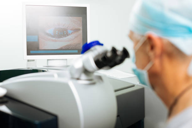 Modern technology. Selective focus of a screen with the eye on it during the medical examination