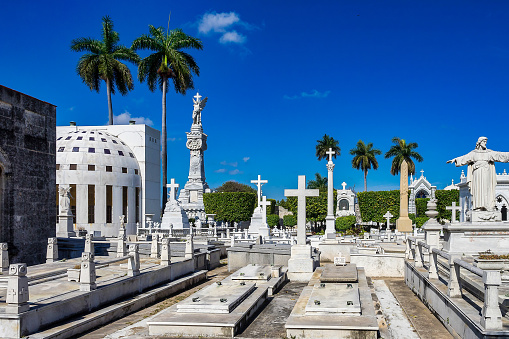 Graves and tombs in Colon Cementery, Havana, Cuba. Cementerio de Cristobal Colon was founded in 1876 in the Vedado neighbourhood.
