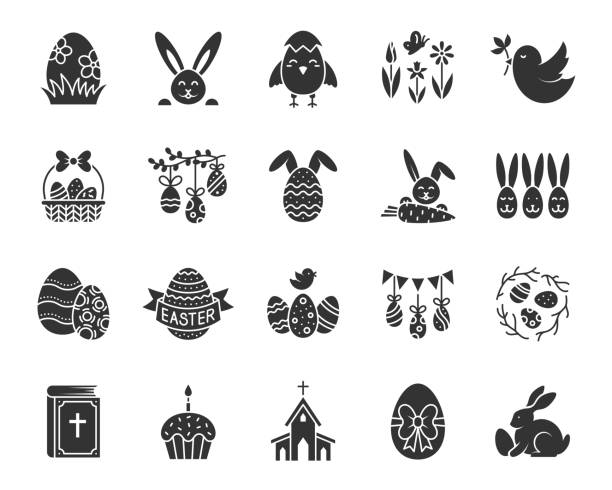 illustrazioni stock, clip art, cartoni animati e icone di tendenza di easter uovo coniglio coniglio icone nere set vettoriale - daffodil flower silhouette butterfly