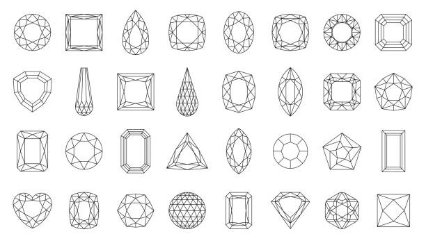 Diamond gem jewel gemstone line icon vector set Diamond faceting thin line icon set. Gem collection of simple outline signs. Jewel symbol in linear style. Crystal, gemstone black contour icons design. Isolated on white concept vector Illustration diamond gemstone stock illustrations