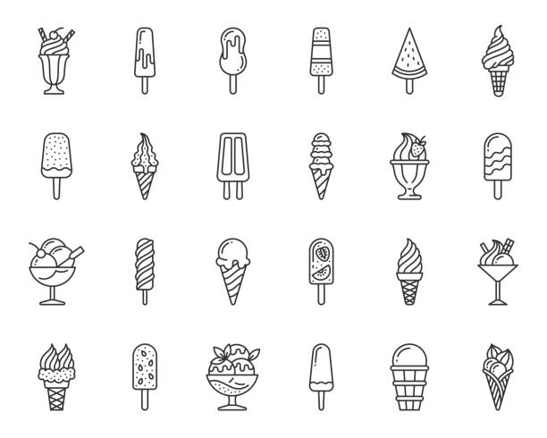 Ice cream cone simple black line icons vector set Ice cream thin line icons set. Outline web sign kit of icecream. Cone sundae linear icon. Summer sweet cold fruit food lolly dessert. Simple black contour symbol isolated on white vector Illustration ice cream stock illustrations