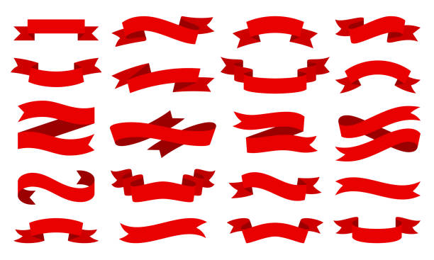 빨간 리본 텍스트 배너 플랫 테이  프 아이콘 벡터 세트 - ribbon stock illustrations