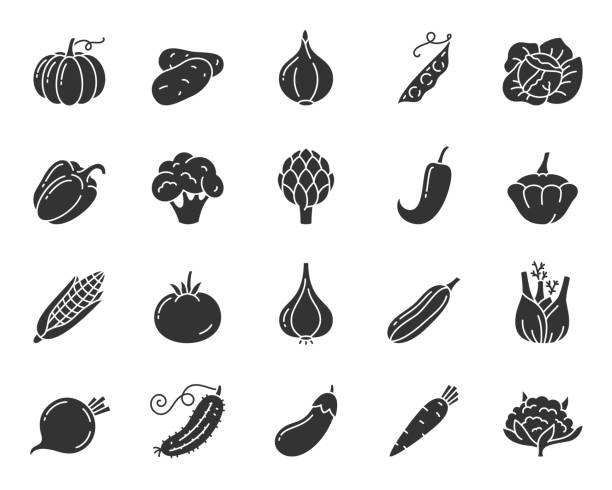 illustrations, cliparts, dessins animés et icônes de ensemble de vecteur d'icônes de silhouette noire de nourriture végétale - artichoke vegetable isolated food